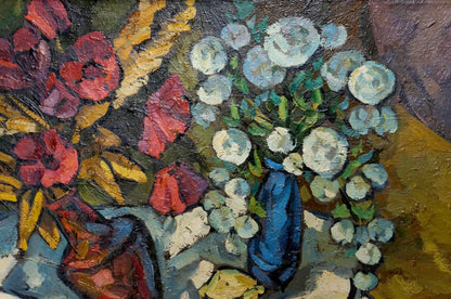 Oil painting by Kublik Mikhail Alekseevich: blue vase with white red flowers