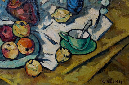 Green teacup on saucer in Kublik Mikhail Alekseevich oil painting of flowers and apples