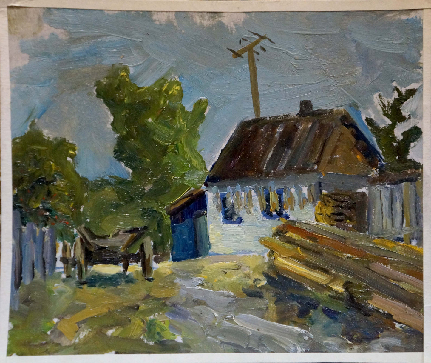 Oil painting of rustic white house with thatched roof before thunderstorm