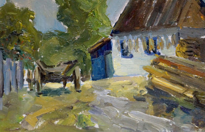 Oil painting of rustic white house with brown roof, blue door in yard before thunderstorm