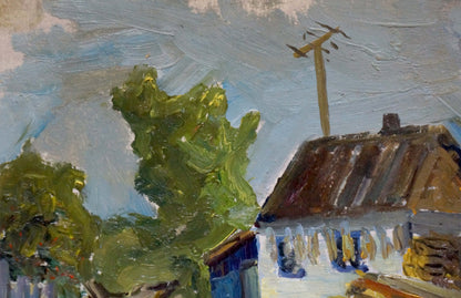 Oil painting of rustic white house with brown metal roof, blue trim, yard before thunderstorm