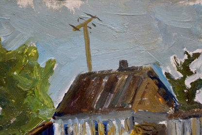 Oil painting of rustic yard before thunderstorm with corrugated roof, chimney, fence