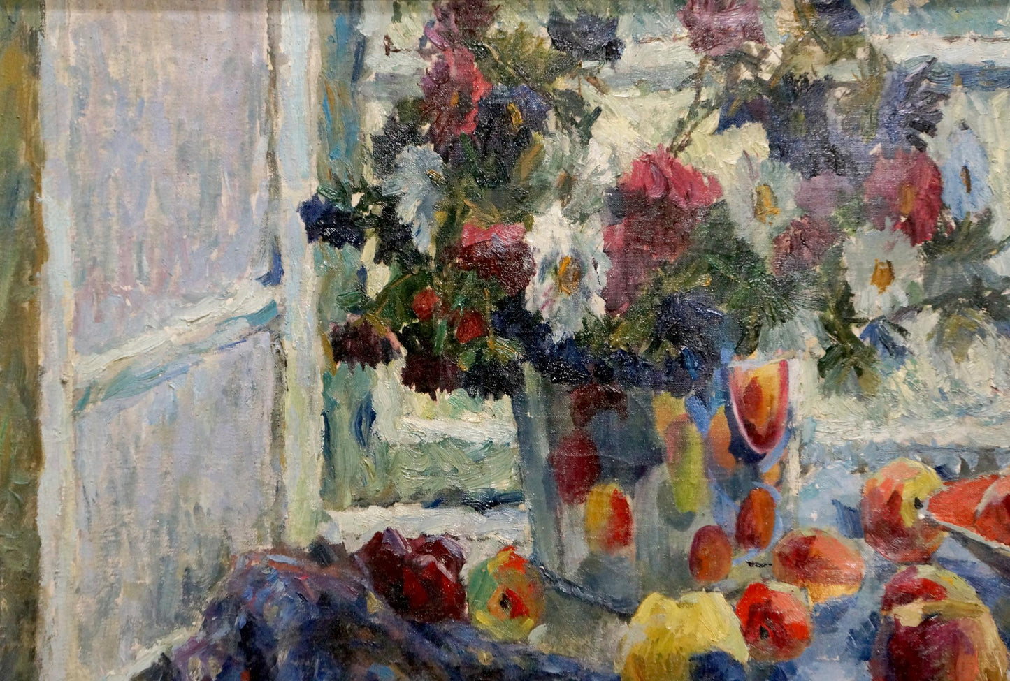 Vibrant oil painting by Vasilevsky Igor Eduardovich: colorful flowers in vase, apples