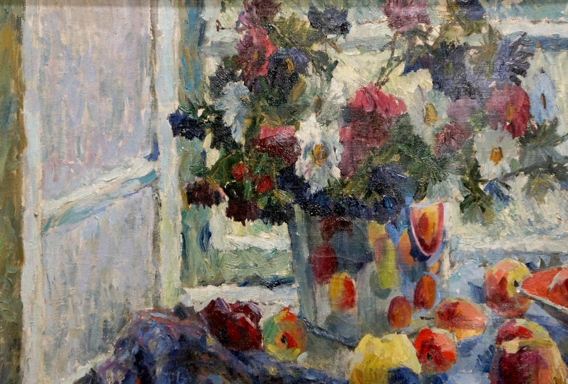 Vibrant oil painting by Vasilevsky Igor Eduardovich: colorful flowers in vase, apples