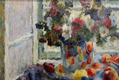Vibrant oil painting by Vasilevsky Igor Eduardovich: colorful flowers in vase, apples