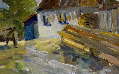 Rustic oil painting of yard before thunderstorm: white house, blue door, thatched roof