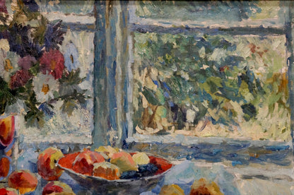Vibrant impressionist oil painting by Vasilevsky Igor Eduardovich: colorful fruit bowl, lush flowers, window view