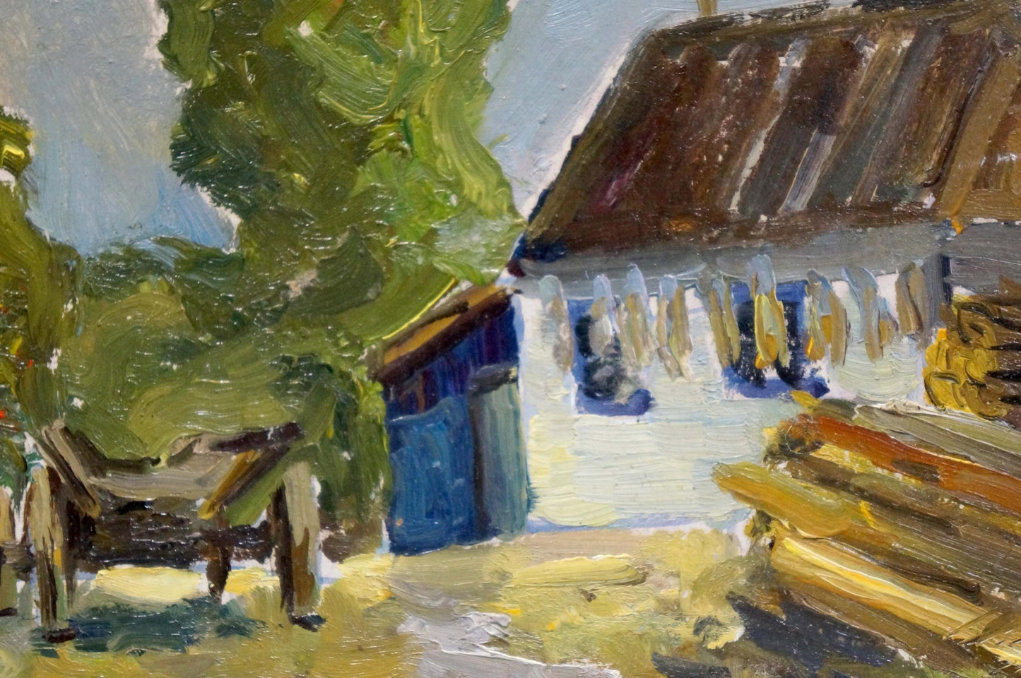 Oil painting of yard before thunderstorm: weathered white house, brown roof
