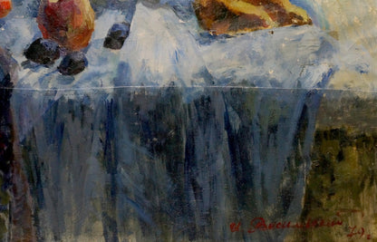 Oil painting by Vasilevsky Igor Eduardovich: textured blue tablecloth with red apple and berries