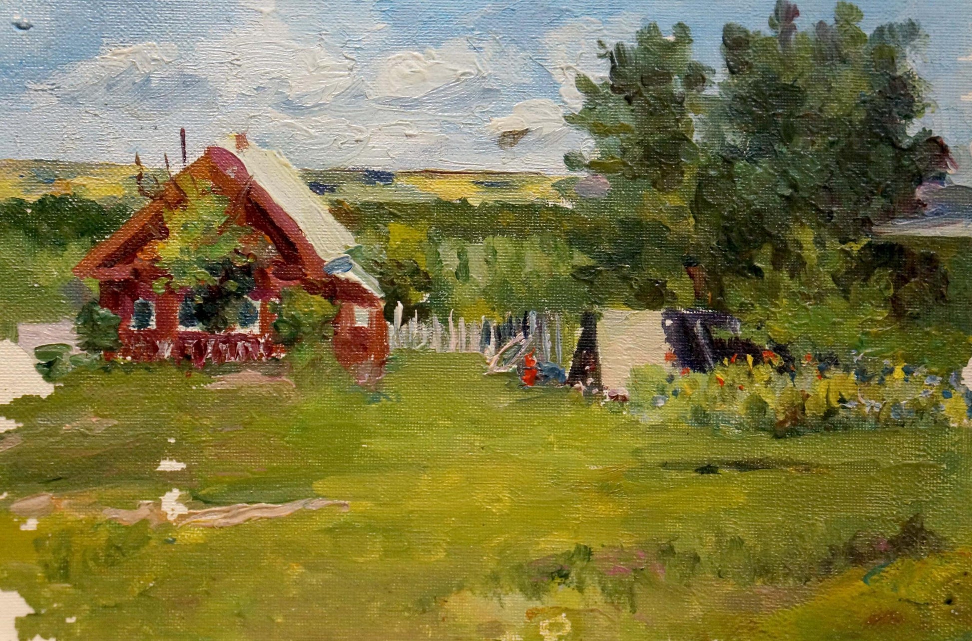 Impressionistic oil painting of rustic red village house by Dmitry Lednev