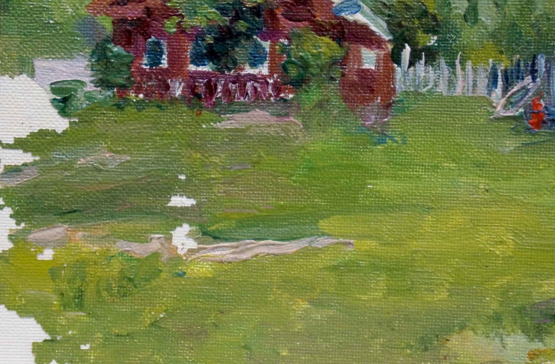 Oil painting of red gazebo in village landscape by Dmitry Lednev
