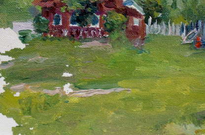 Oil painting of red gazebo in village landscape by Dmitry Lednev