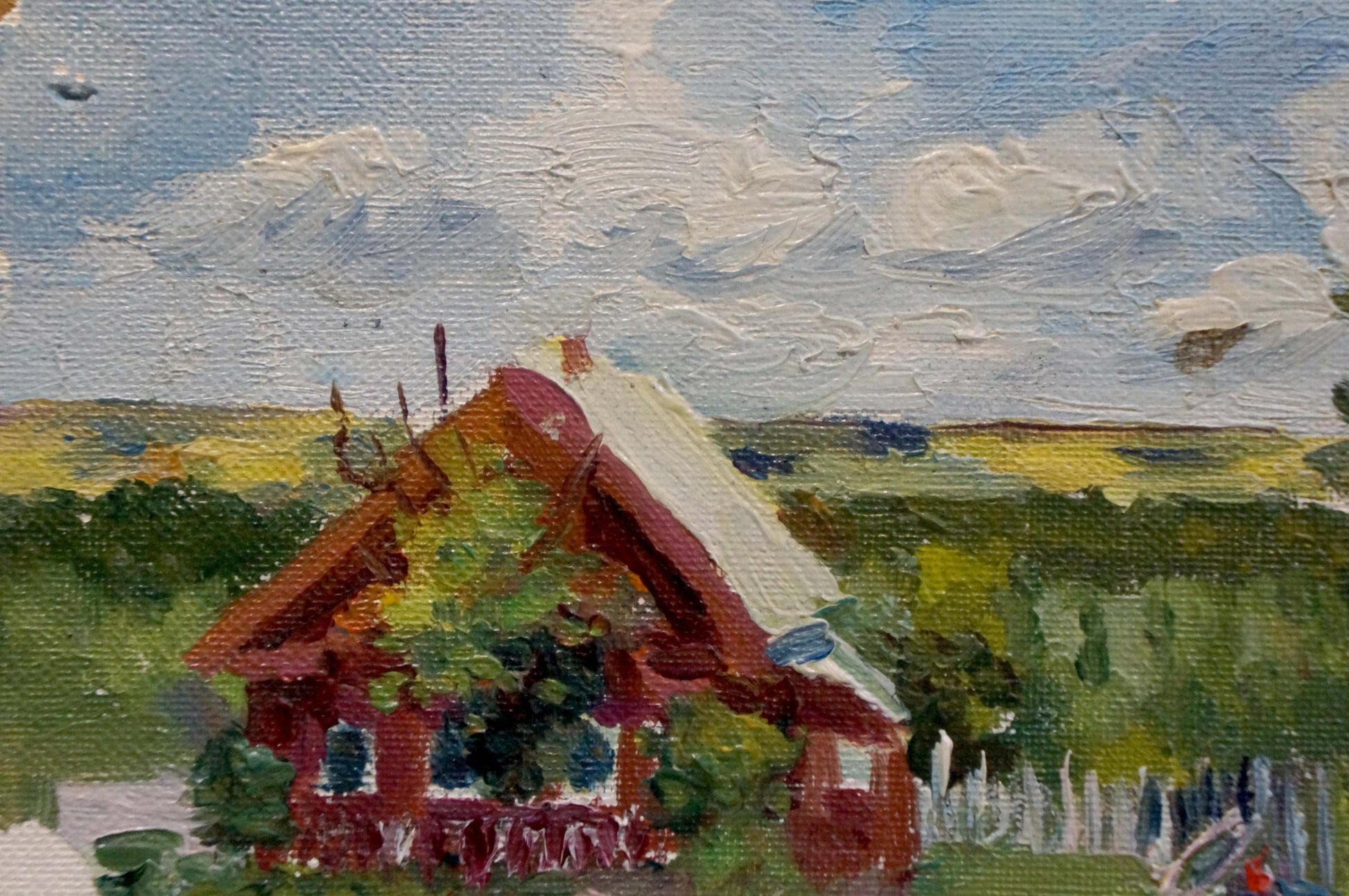Oil painting of red wooden house with white roof in village landscape by Dmitry Lednev