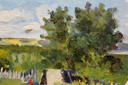 Vibrant green tree in impressionistic oil painting Village landscape by Dmitry Lednev