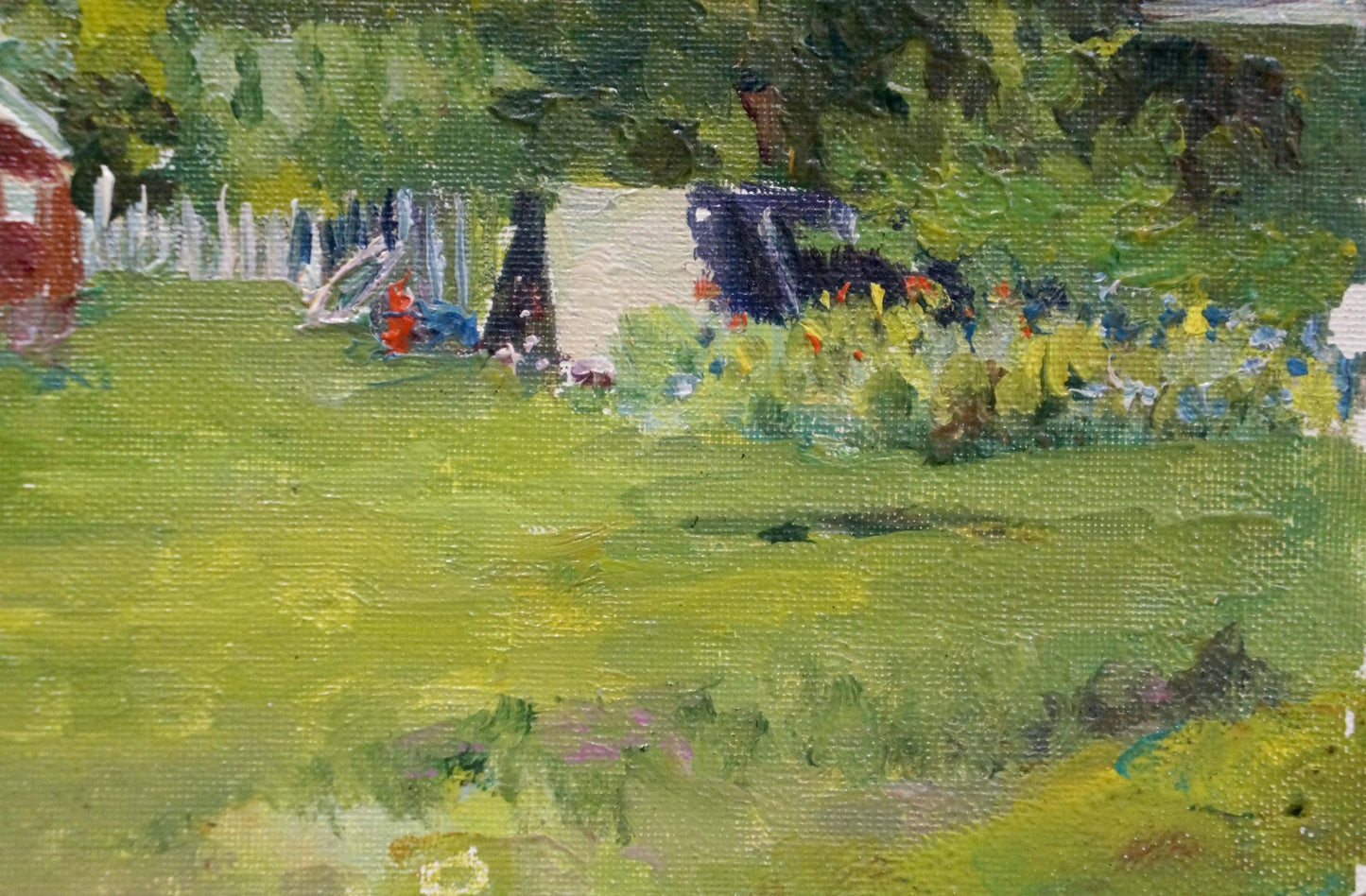 Vibrant green oil painting of sunlit village garden by Dmitry Lednev