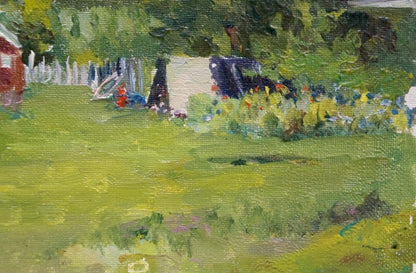 Vibrant green oil painting of sunlit village garden by Dmitry Lednev