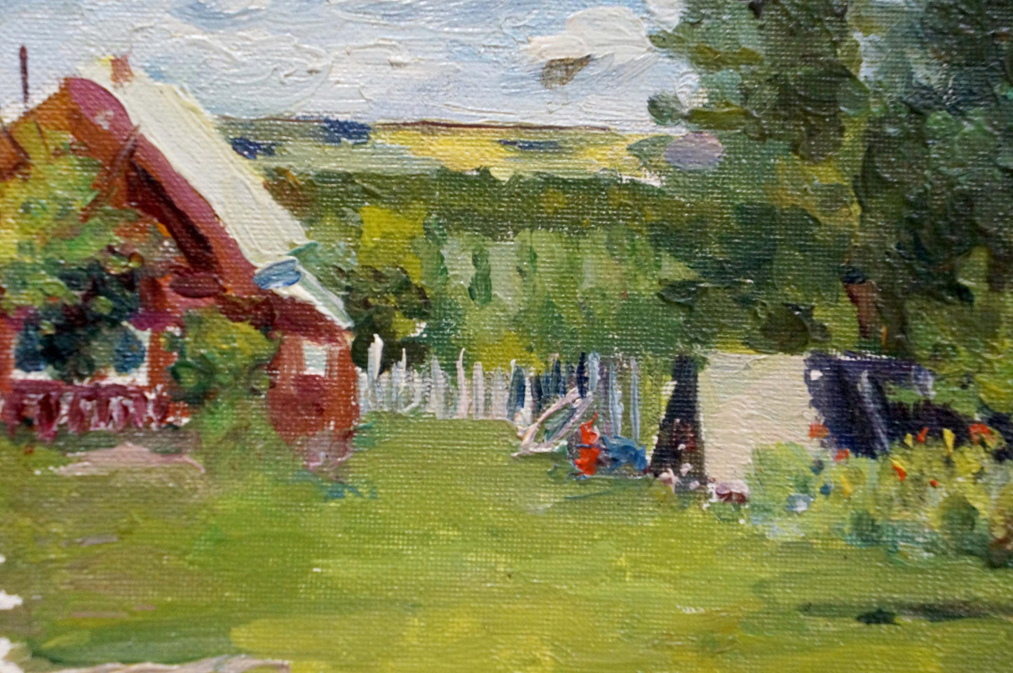 Oil painting of red white village house by Dmitry Lednev