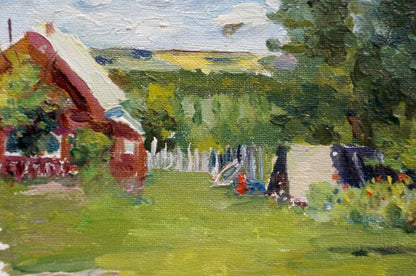 Oil painting of red white village house by Dmitry Lednev