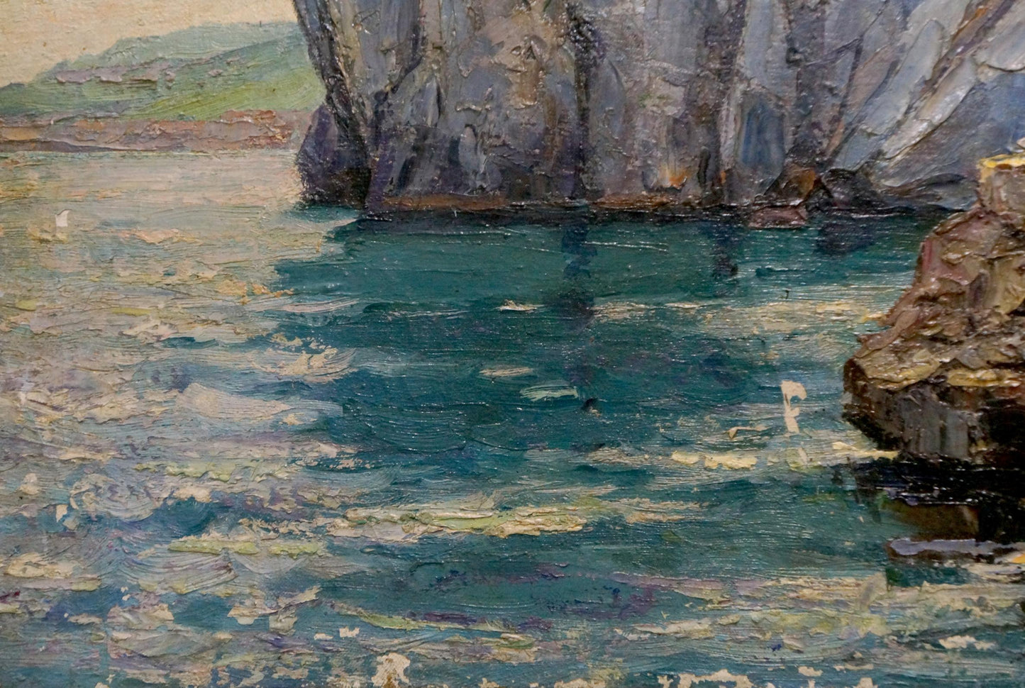 Textured impressionistic oil painting of house by rocky teal shore, unknown artist