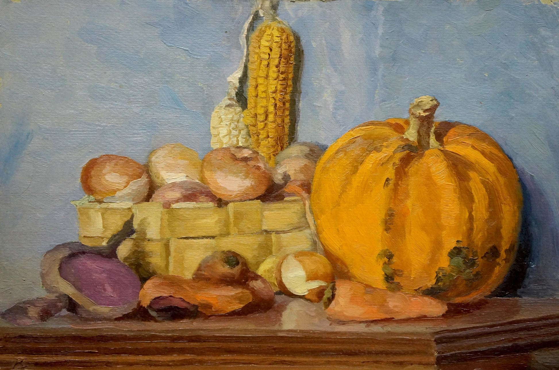 Oil painting of vibrant orange pumpkin with bumpy texture and greenish-black spots