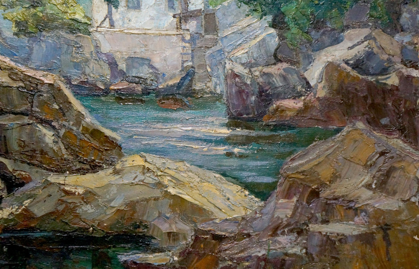 Oil painting of rocky turquoise riverbed in House by the Shore by unknown artist