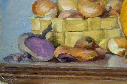 Impressionistic oil painting of purple eggplant, golden onions in yellow basket