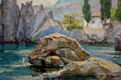 Oil painting of textured rock formation by shore house in turquoise water