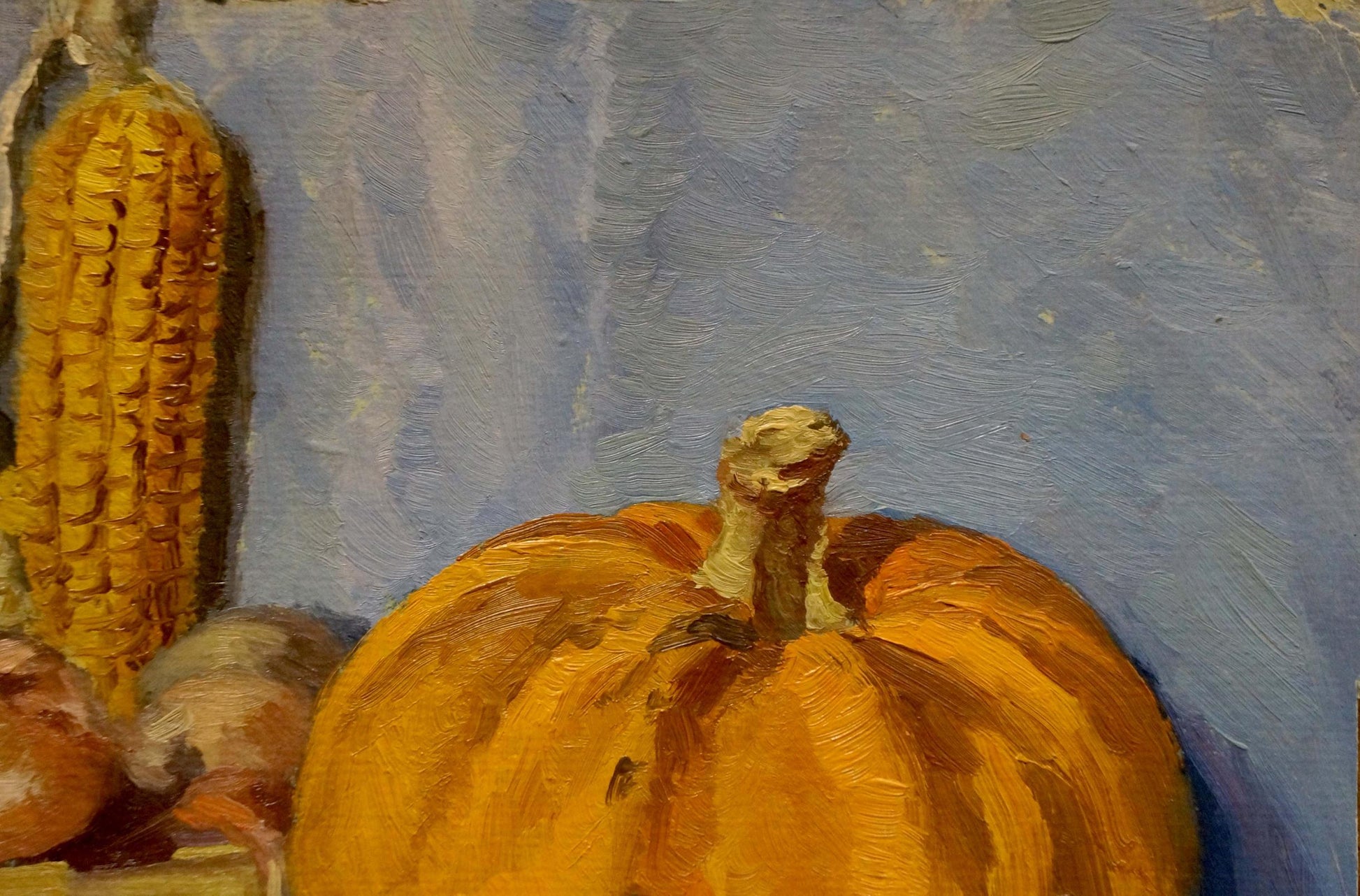 Oil painting of vibrant orange pumpkin with textured surface and sturdy stem
