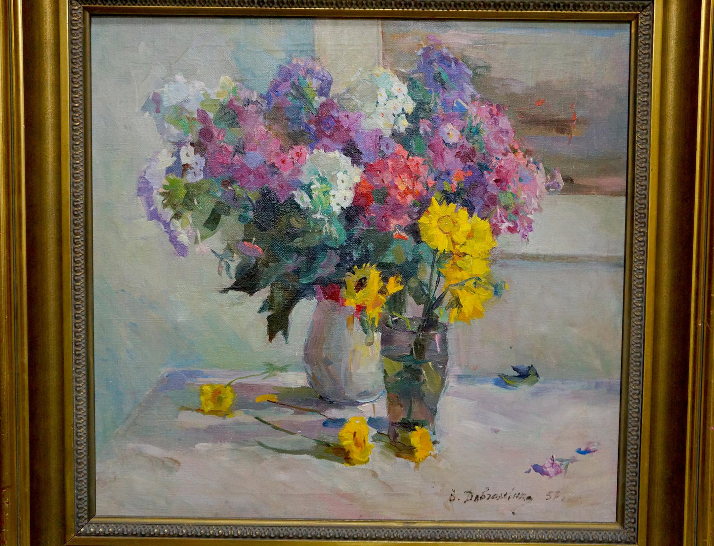 Oil painting by Dovgalevskaya Vera Veniaminovna: vibrant purple, pink, yellow, white flowers in silver vase