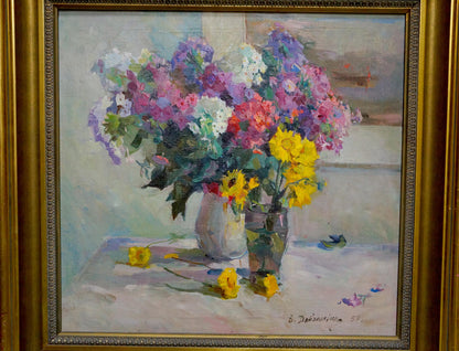 Oil painting by Dovgalevskaya Vera Veniaminovna: vibrant purple, pink, yellow, white flowers in silver vase