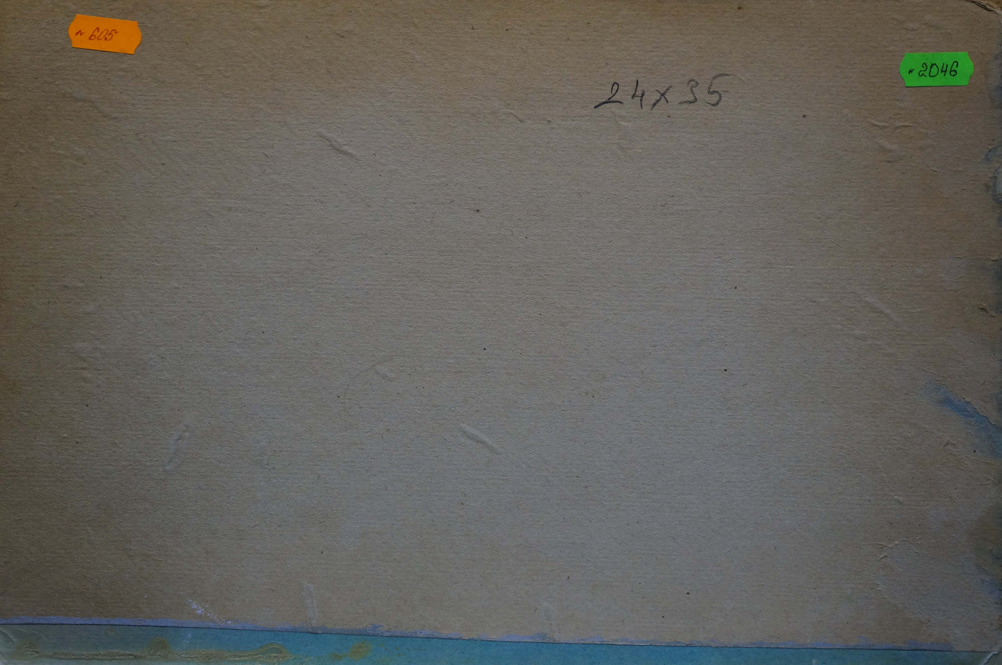 Back of beige canvas oil painting Vegetables with handwritten dimensions and tags