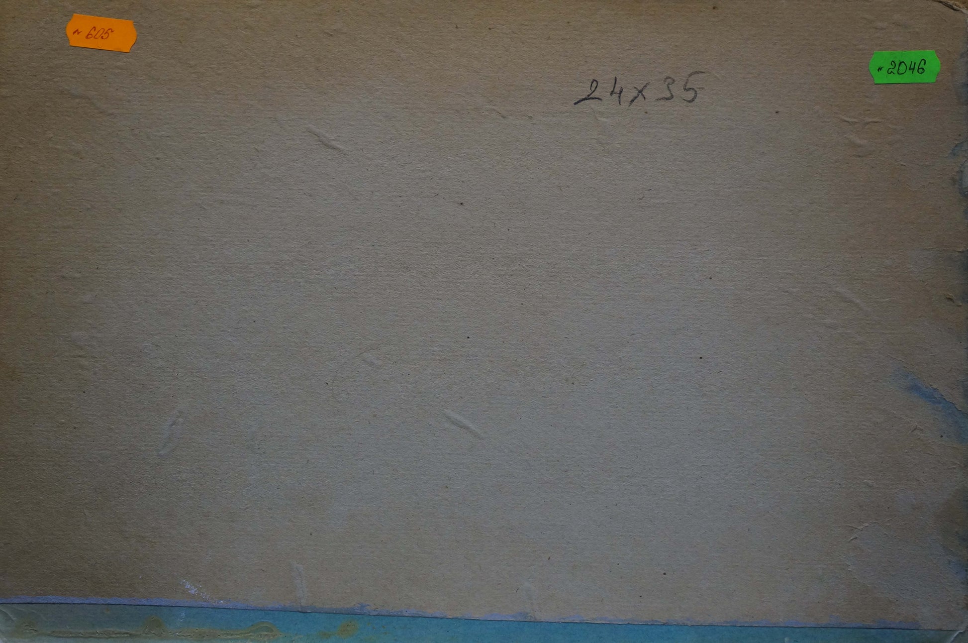 Back of beige canvas oil painting Vegetables with handwritten dimensions and tags