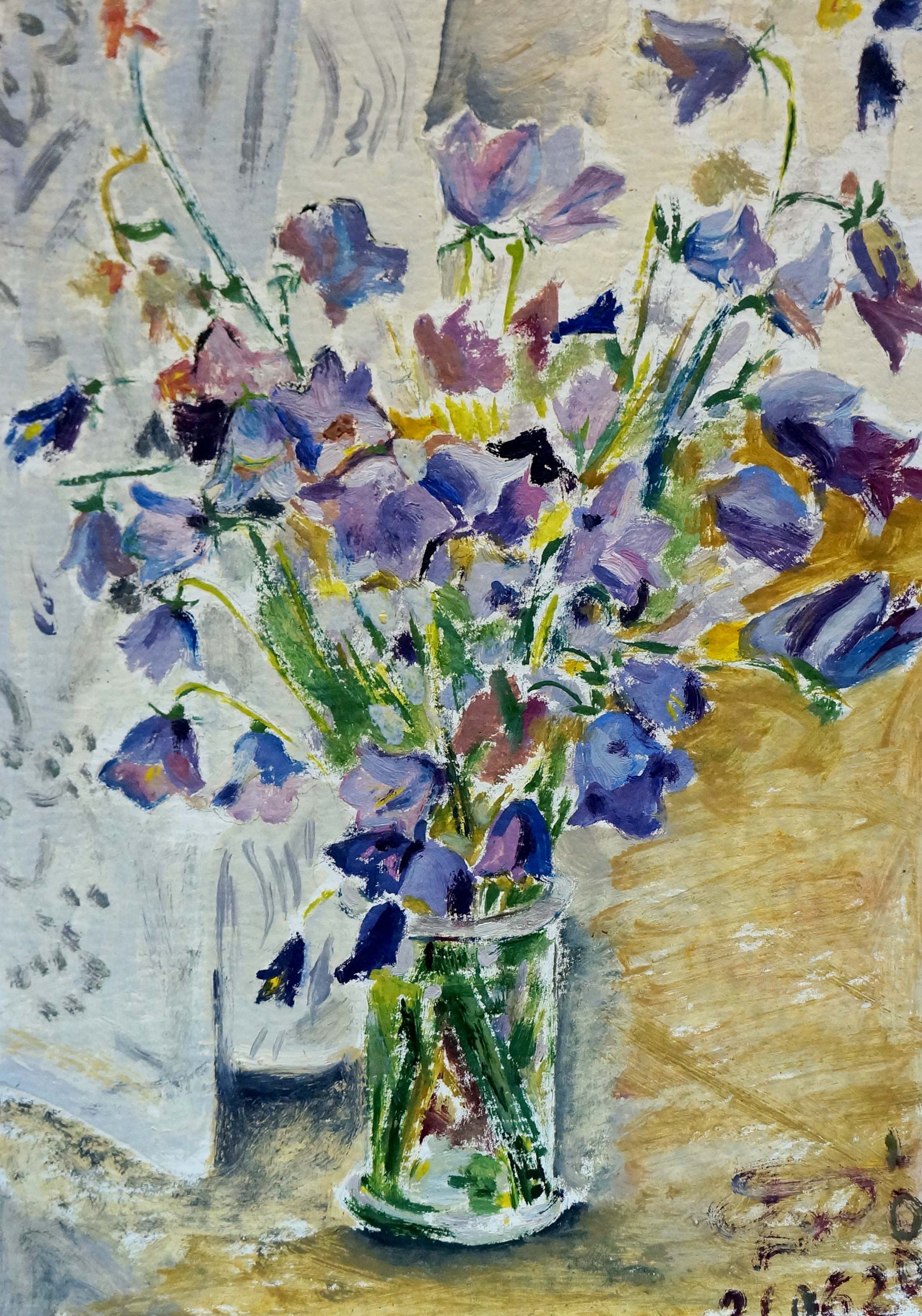 Oil painting of bluebell flowers by unknown artist in glass vase
