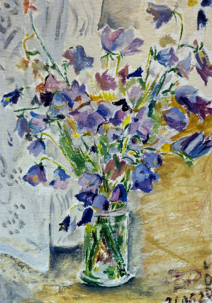Oil painting of bluebell flowers by unknown artist in glass vase