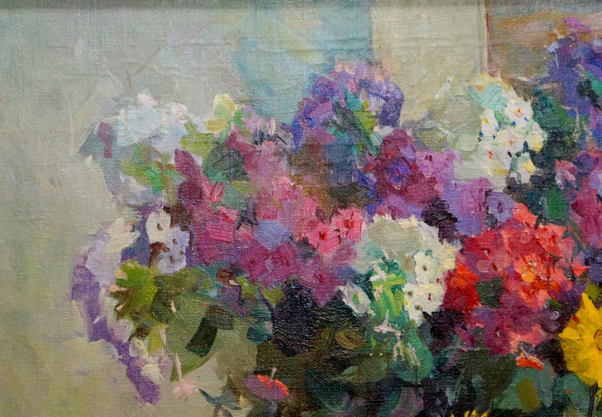 Vibrant impressionistic oil painting of lush floral bouquet by Dovgalevskaya Vera Veniaminovna