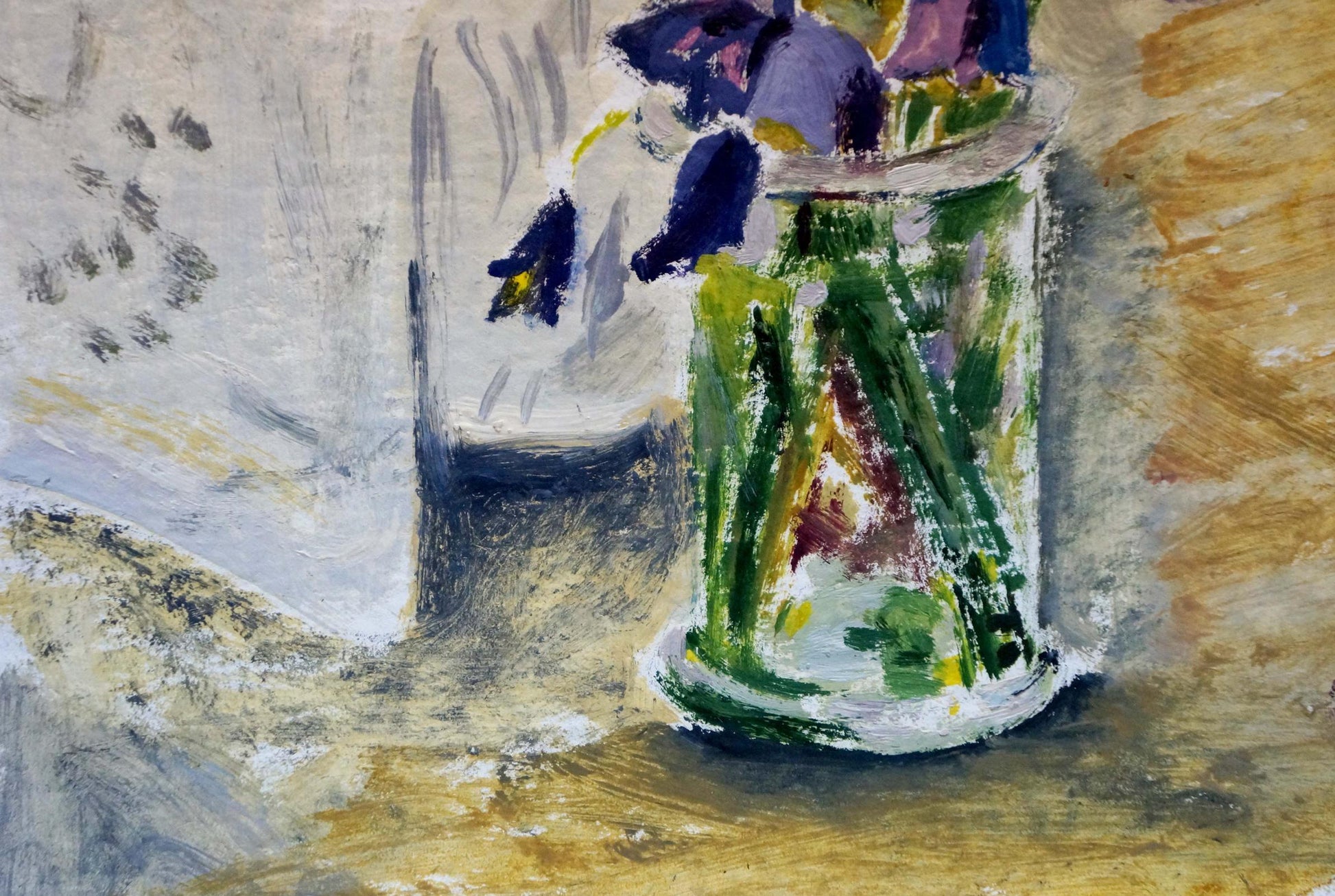Oil painting of bluebell flowers in translucent green glass vase