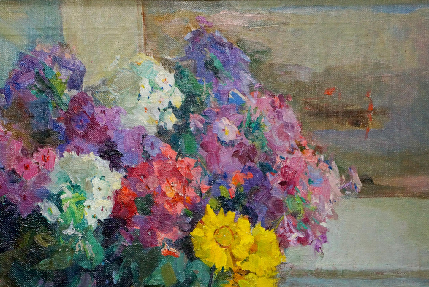 Vibrant impressionistic oil painting of lush bouquet by Dovgalevskaya Vera Veniaminovna