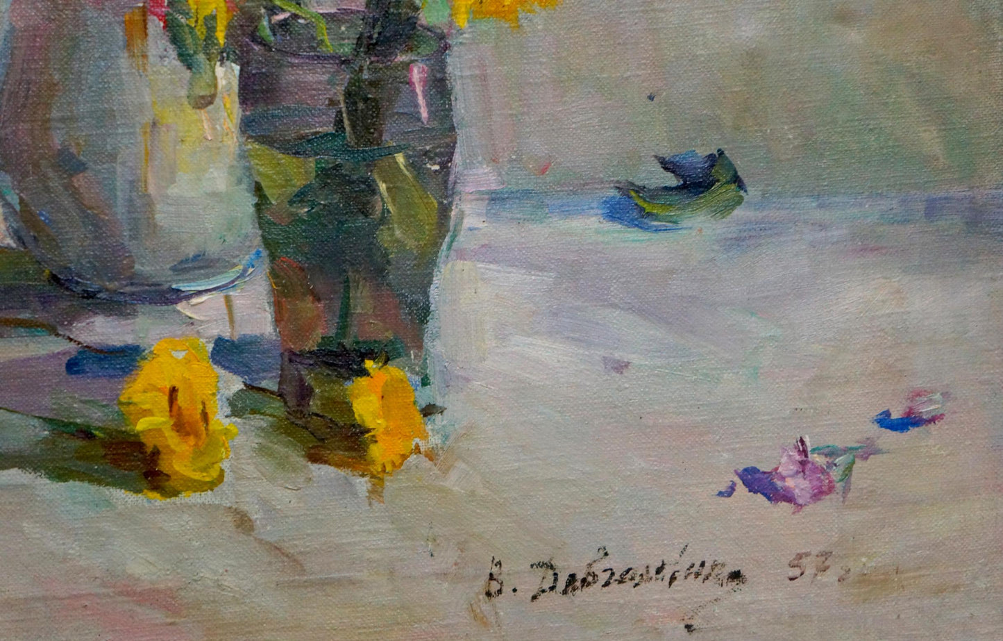 Oil painting of translucent glass vase with green stems and yellow flowers by Dovgalevskaya Vera Veniaminovna