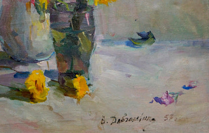 Oil painting of translucent glass vase with green stems and yellow flowers by Dovgalevskaya Vera Veniaminovna