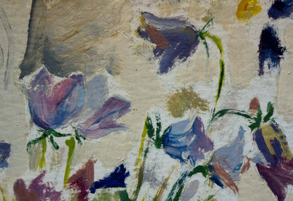 Oil painting of bluebell flowers by unknown artist, impressionistic purple blue yellow canvas