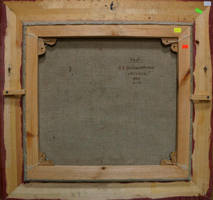 Back of Vera Veniaminovna Dovgalevskaya Oil painting canvas with inscription and staples
