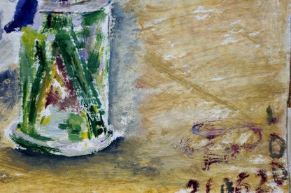 Oil painting of painted glass jar with green asparagus, impasto strokes