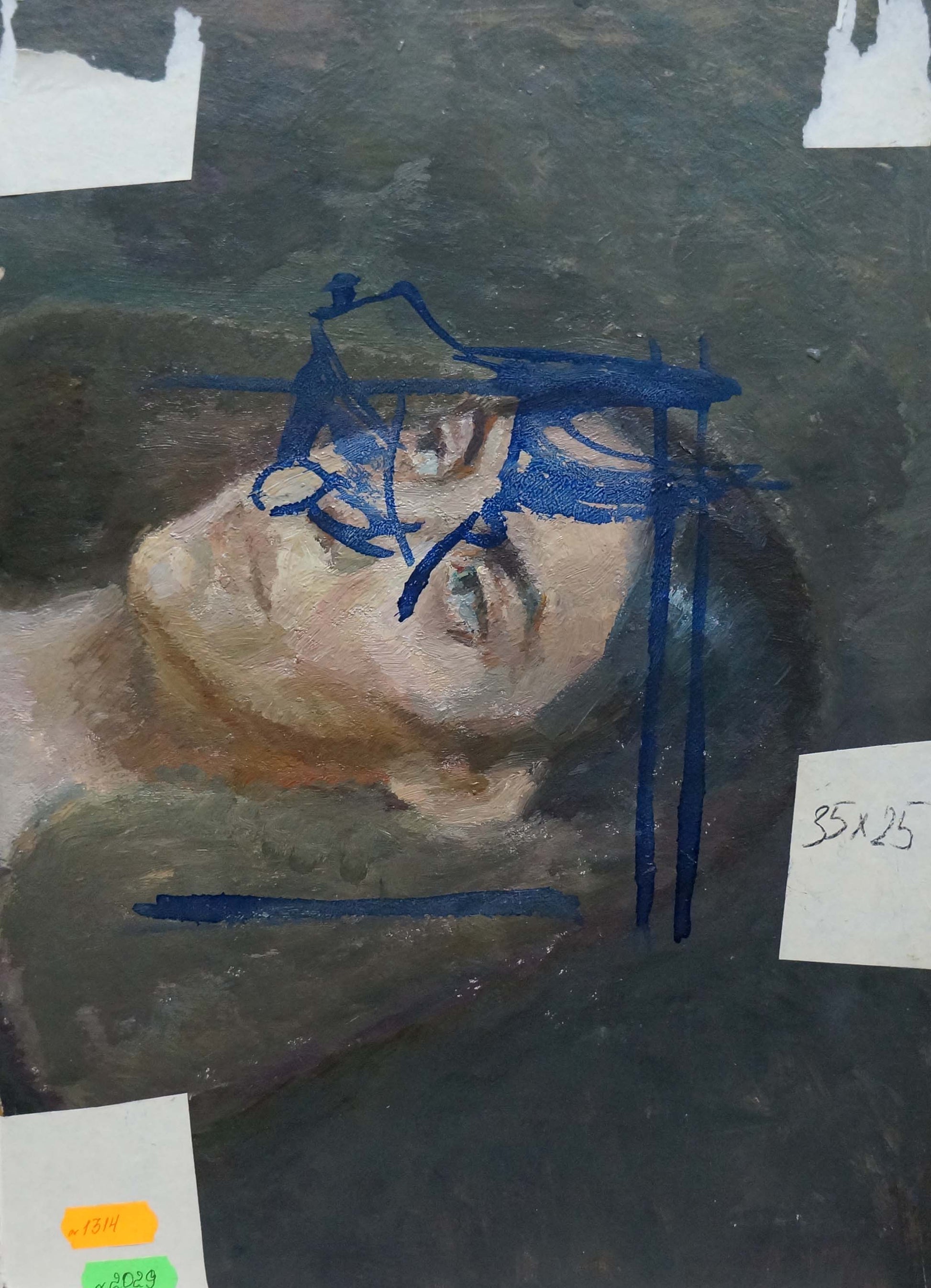 Partially completed oil painting of womans face with blue sketch lines