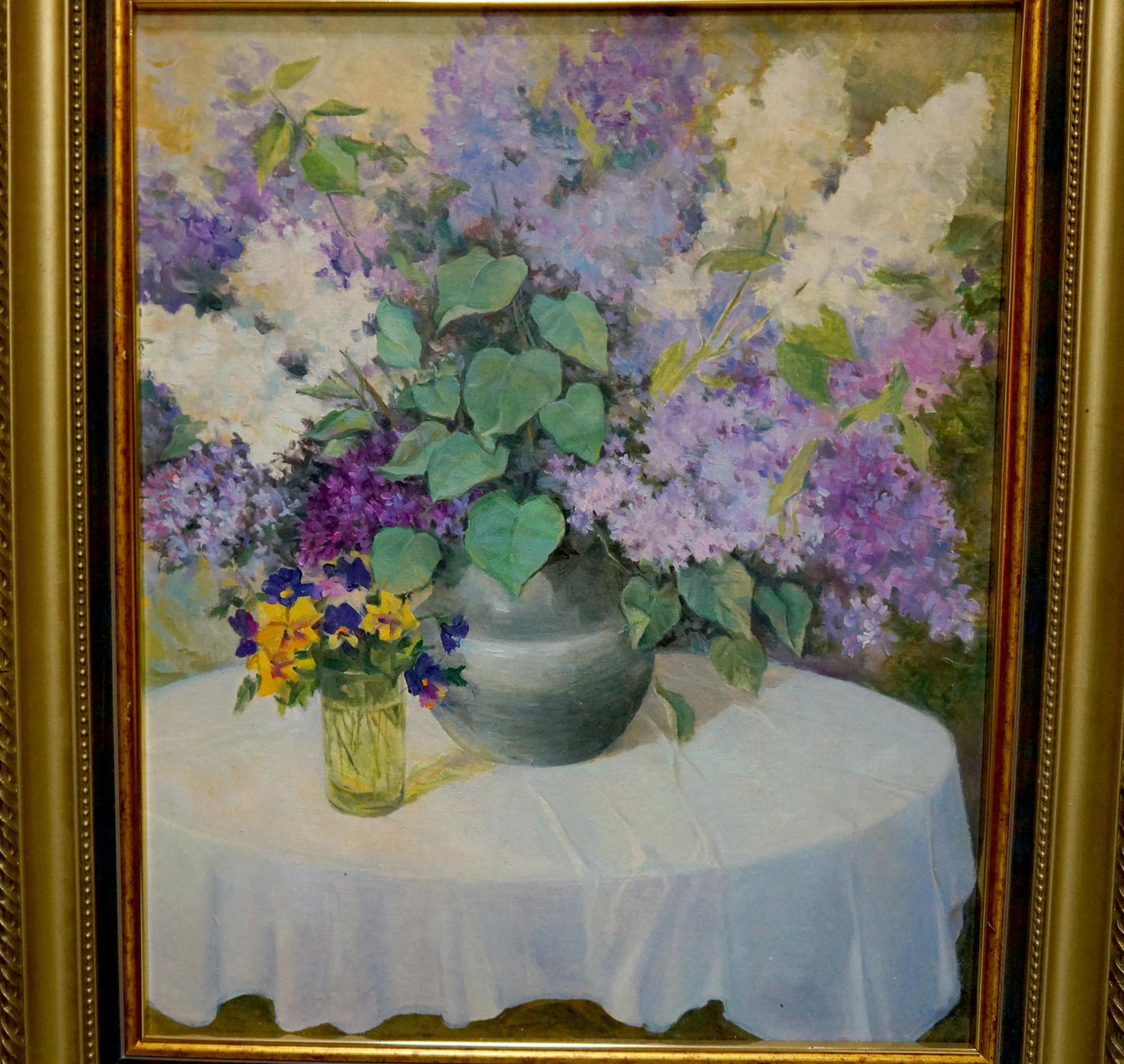 Oil painting Flowers Sliva A.I.: lilacs in gray vase, pansies in jar