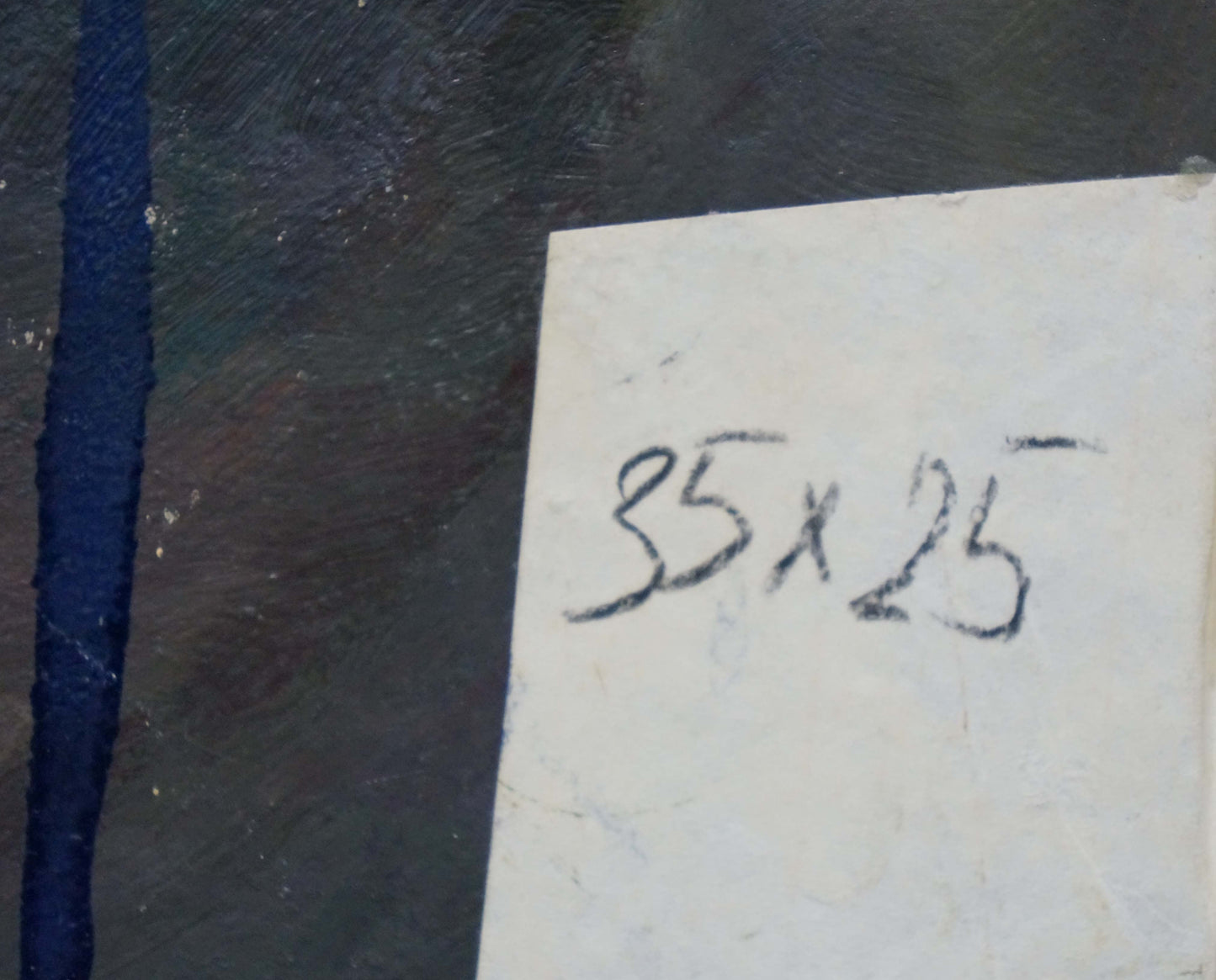Back of Bluebell flowers oil painting: handwritten 35x25 measurements on worn paper