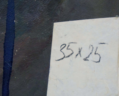 Back of Bluebell flowers oil painting: handwritten 35x25 measurements on worn paper
