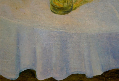Oil painting Flowers Sliva A.I. on pale blue ruffled tablecloth