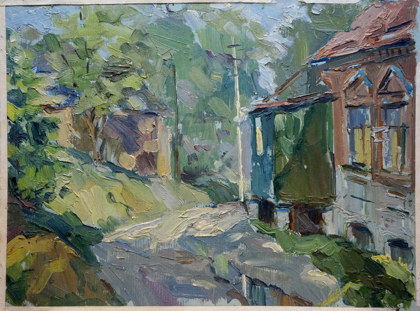 Impressionistic oil painting by Gorobets Pavel Matveevich of sunlit rustic village street