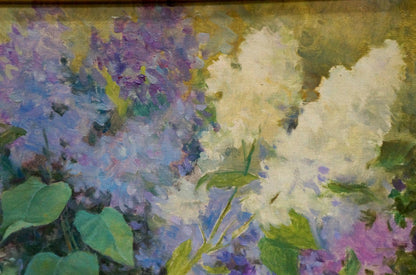 Vibrant oil painting of lilac blossoms by Sliva A.I. in purple and white