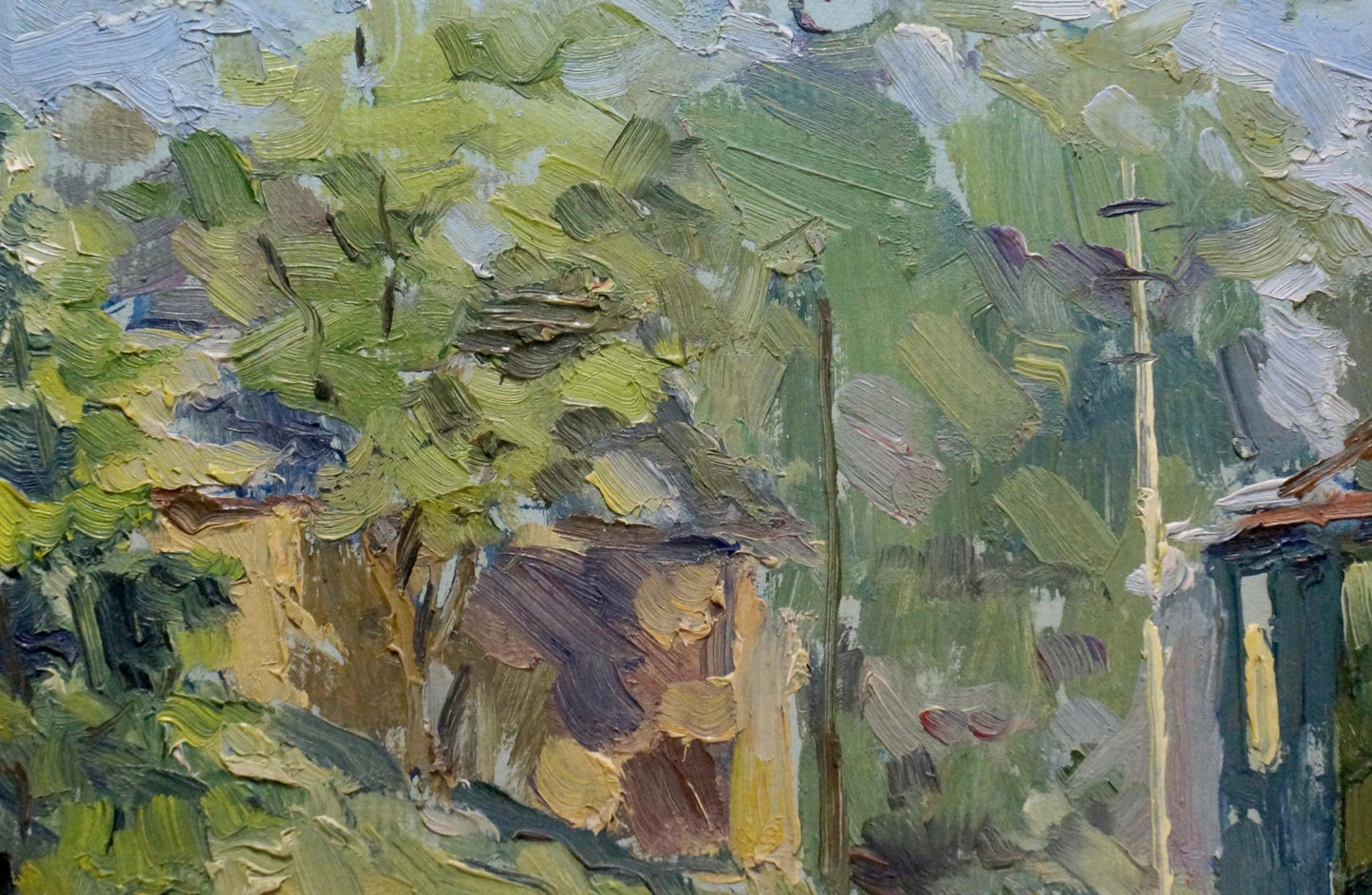 Oil painting Rustic beauty by Gorobets Pavel Matveevich, lush green foliage and rustic buildings